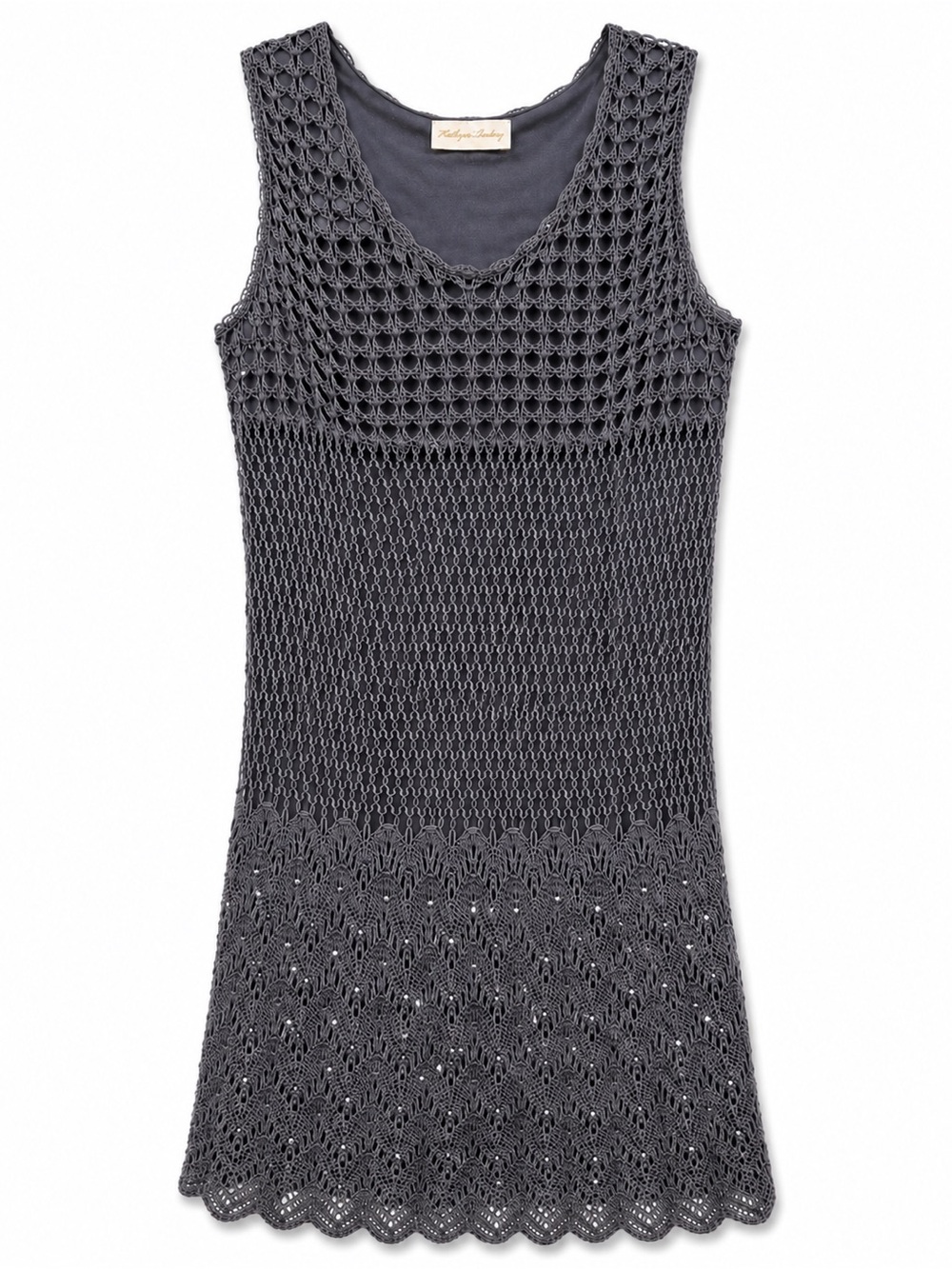 Vintage Kathryn Lyndsey Sleeveless Crochet Beads Scoop Neck Tunic Top Grey Small